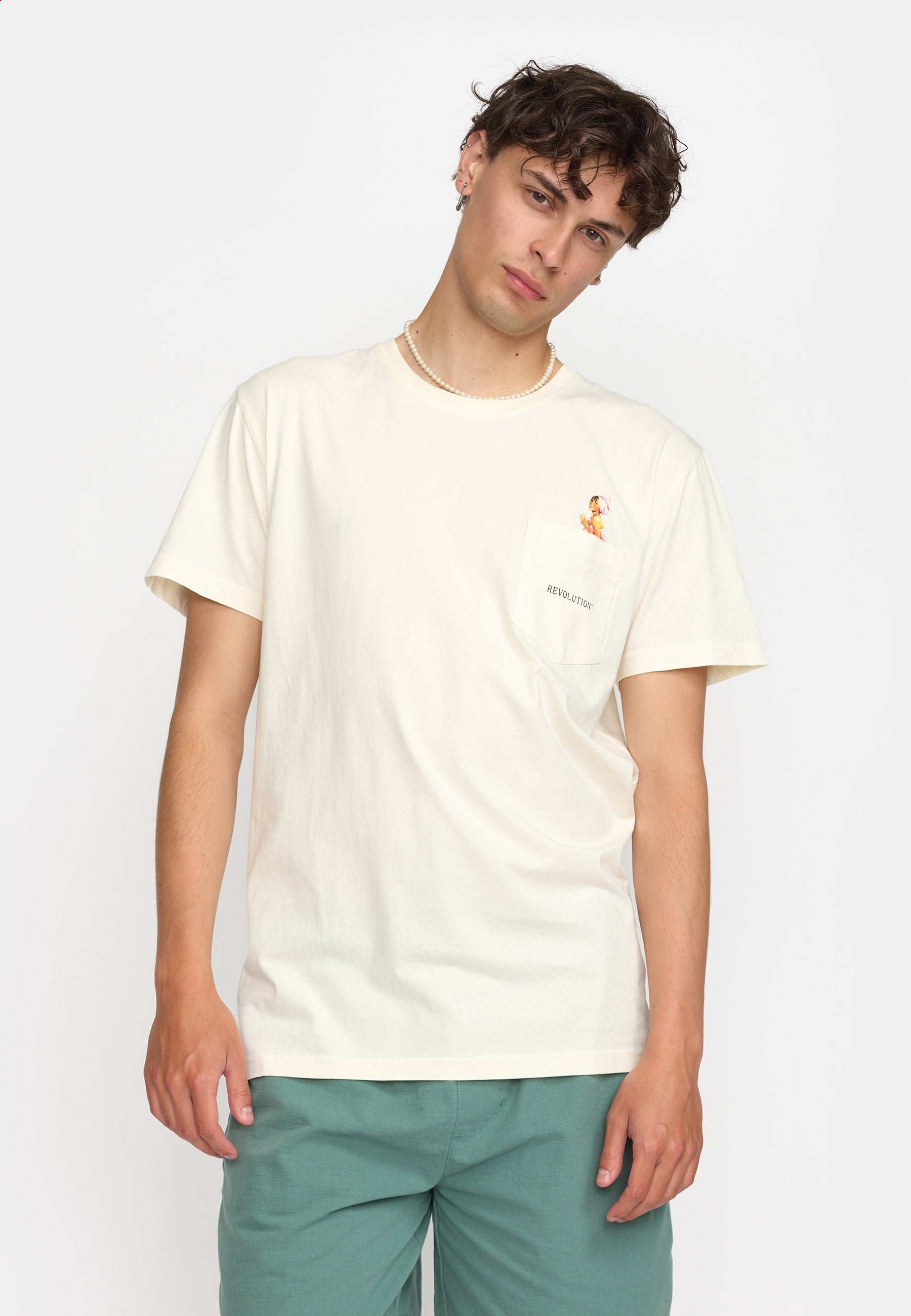 Revolution – Offwhite T-shirt med Printet Lomme