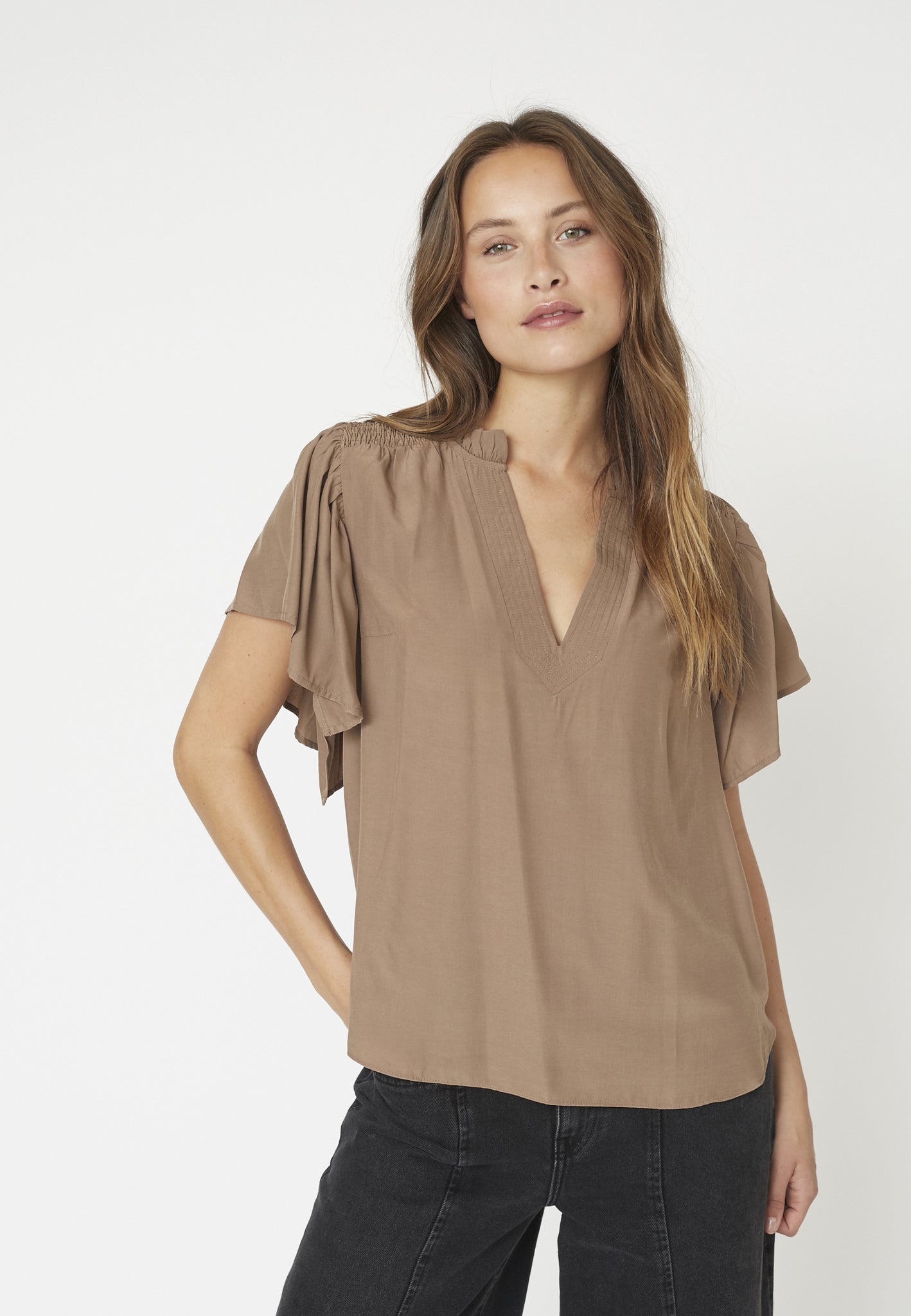 Co'Couture - ToraCC Frill V-Top, Walnut