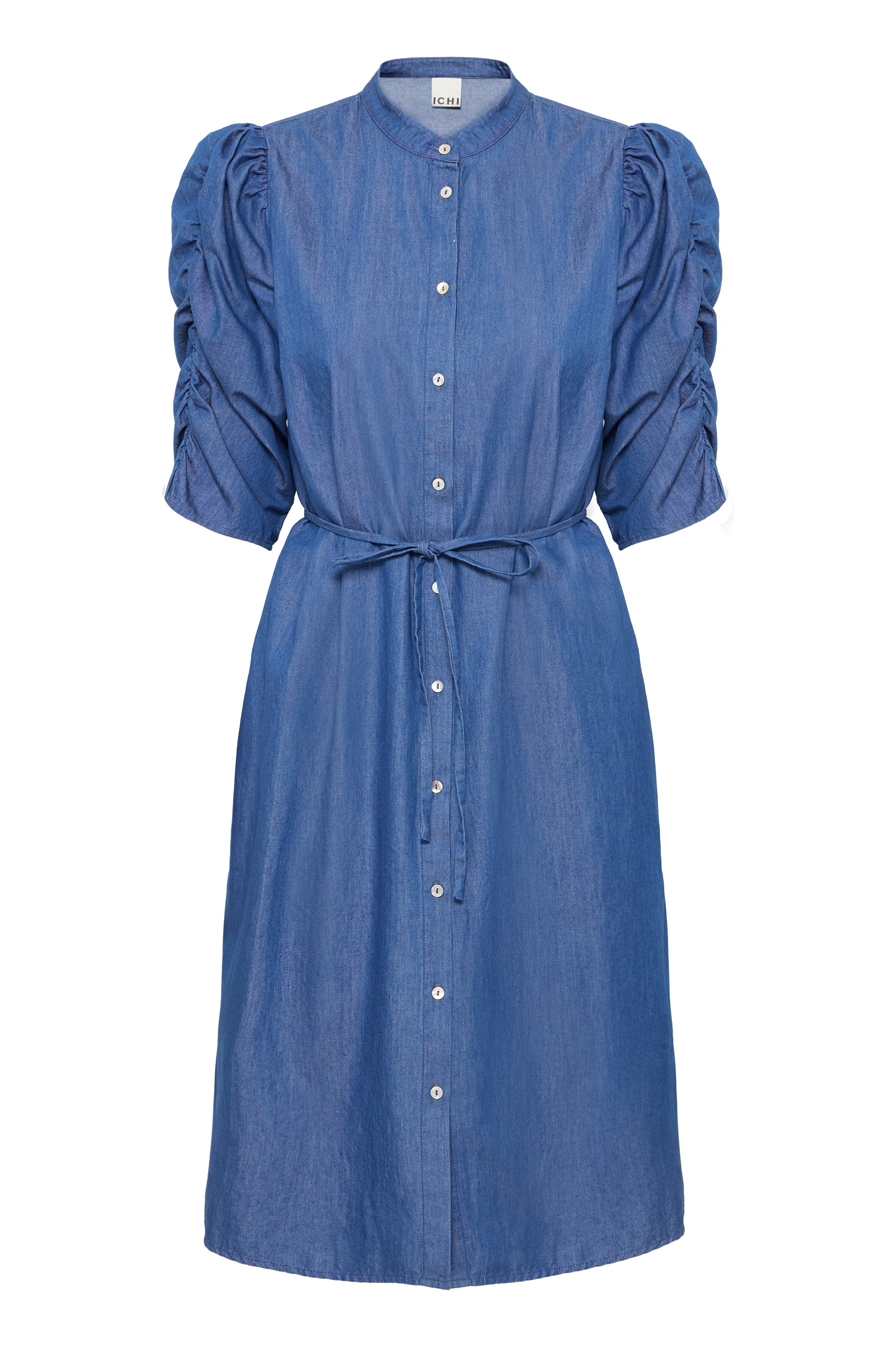 IHXRosa dress – denimskjortekjole med bindebånd og puffærmer fra ICHI