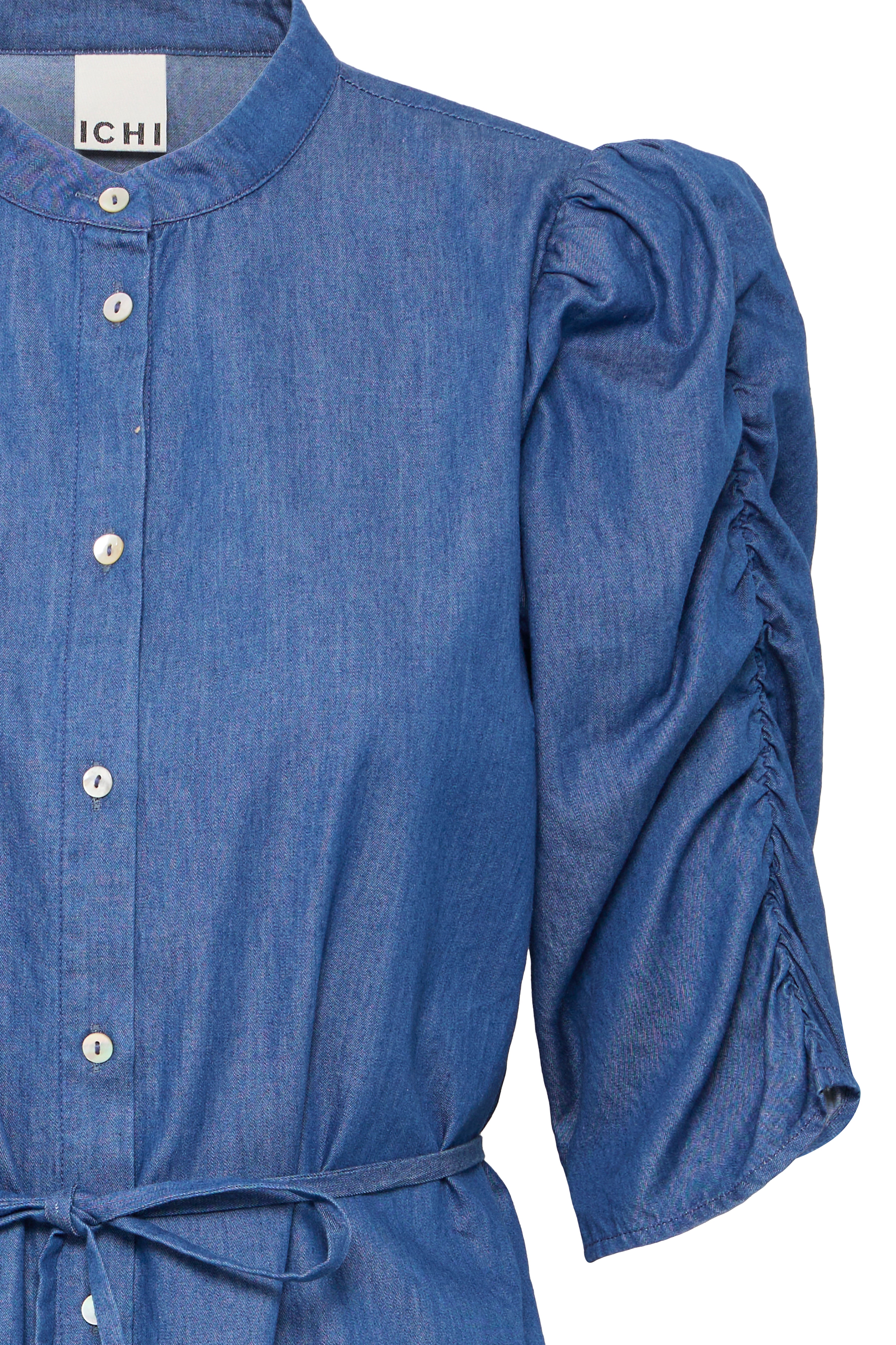 IHXRosa dress – denimskjortekjole med bindebånd og puffærmer fra ICHI