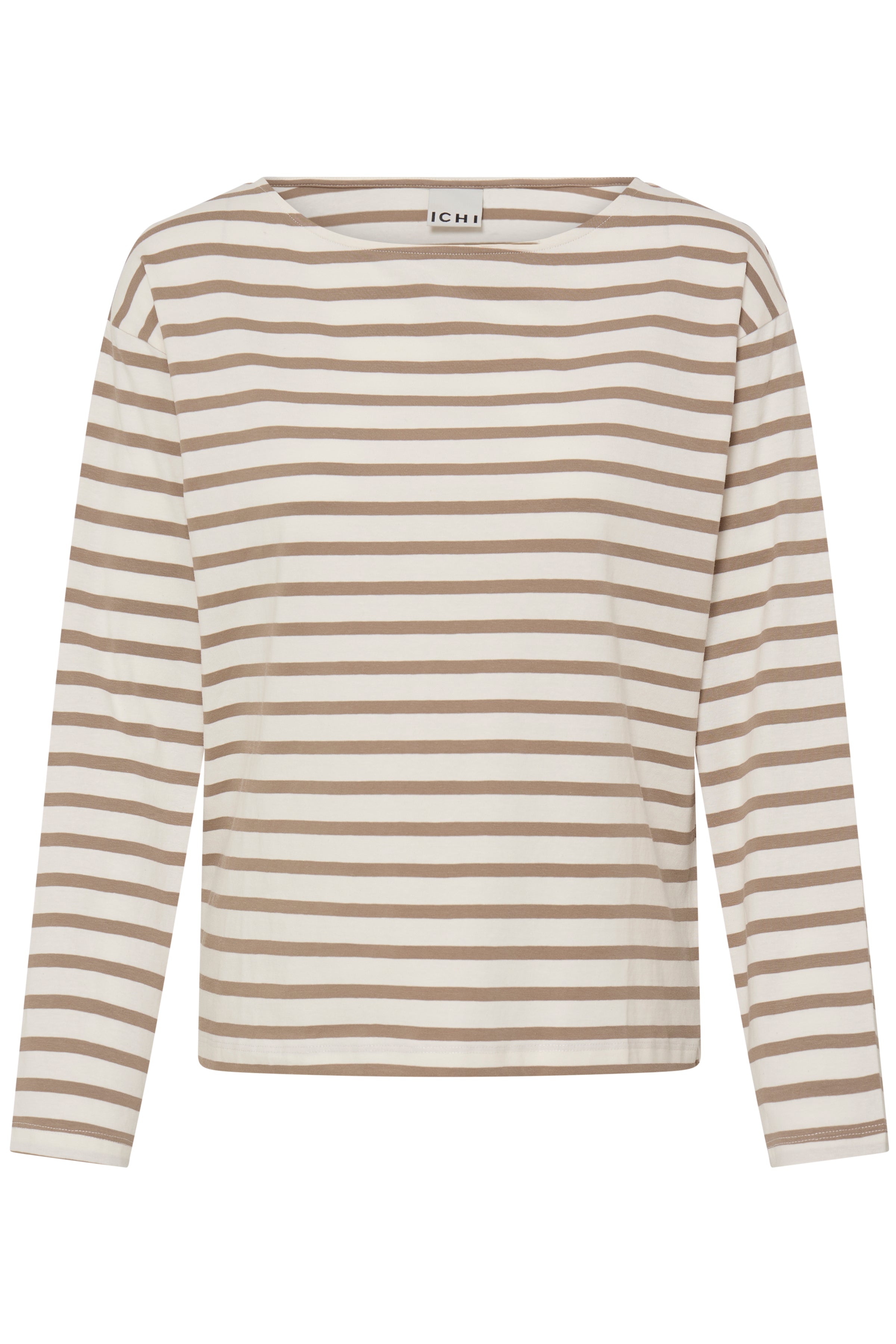 Ichi - Imira Boatneck T-shirt Stribet i Sand & Offwhite