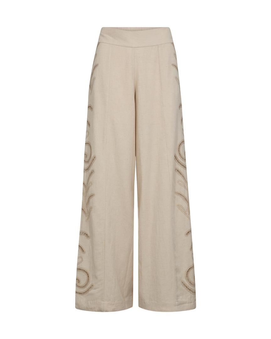 MMSeecee Sobia Pant – sandfarvede broderede bukser med vidde fra Mos Mosh