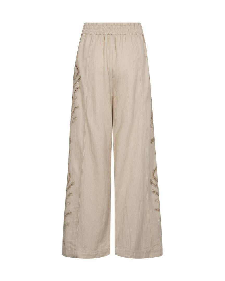 MMSeecee Sobia Pant – sandfarvede broderede bukser med vidde fra Mos Mosh