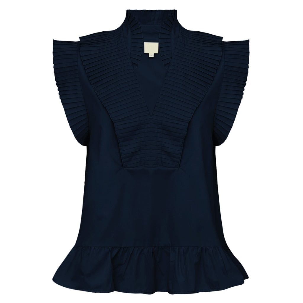 AnnGO Top Navy – Ærmeløs Bluse med Plissédetaljer