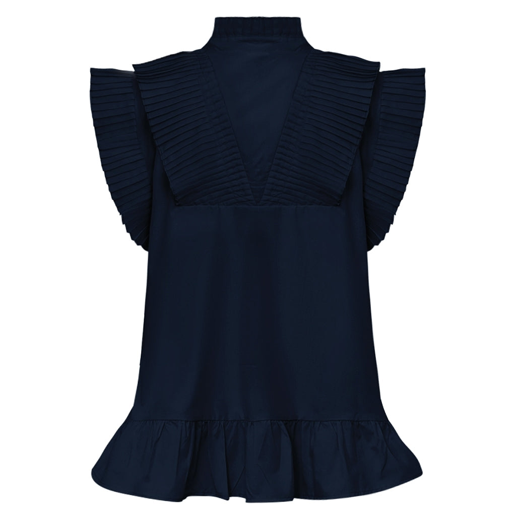 AnnGO Top Navy – Ærmeløs Bluse med Plissédetaljer