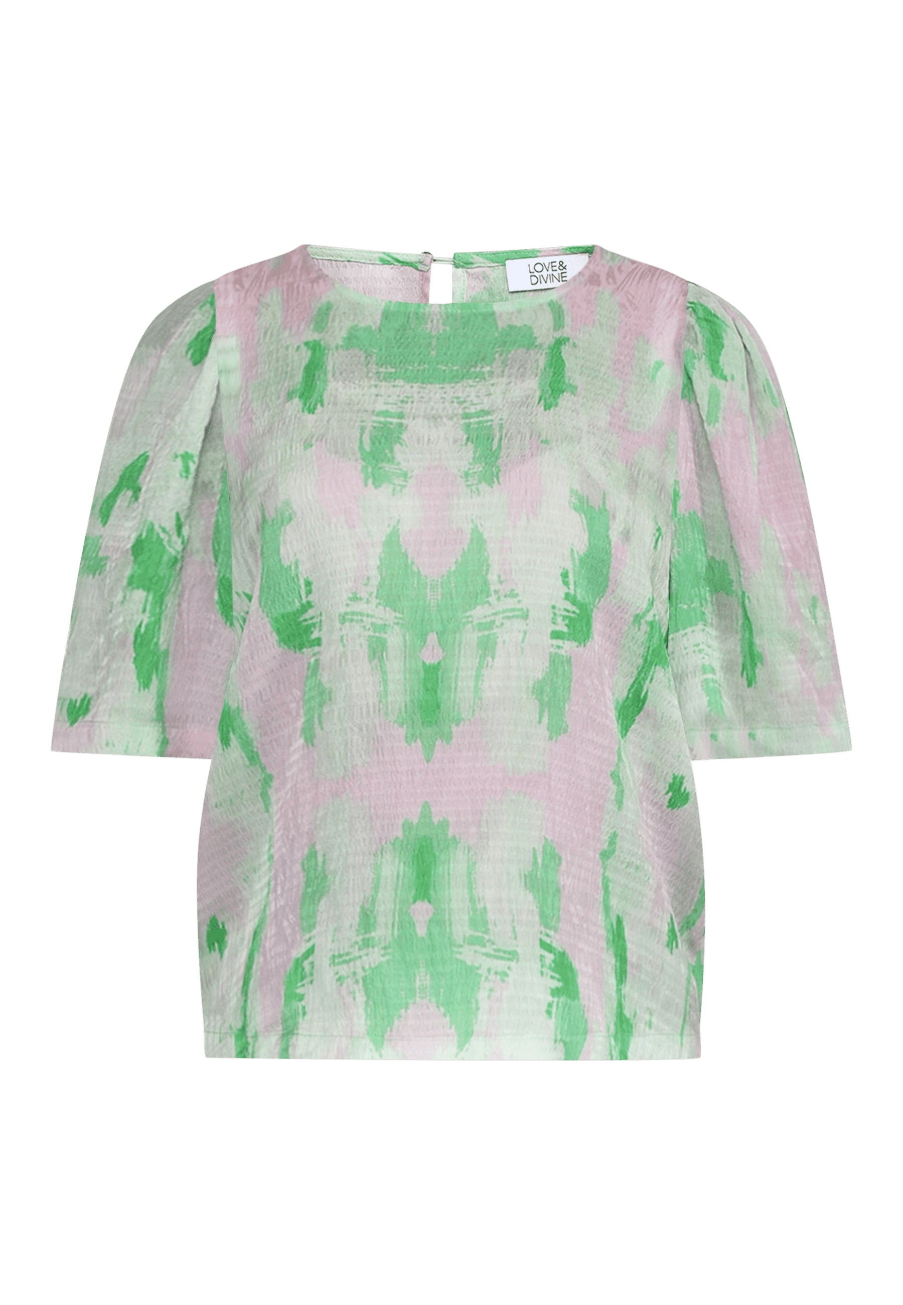 Bluse med grøn og pink print, kort ærmer, forfra