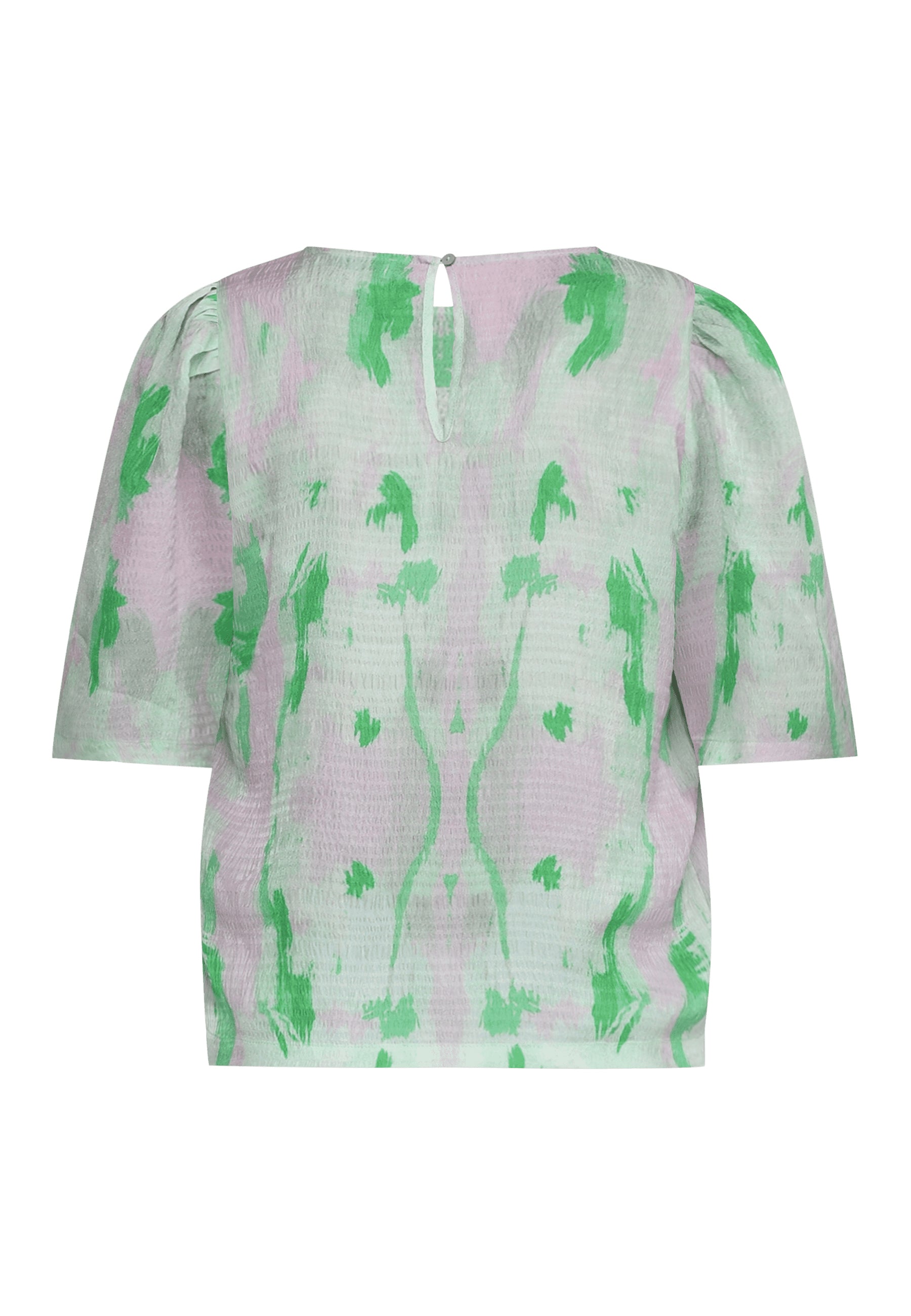 Bluse med grøn og pink print, kort ærmer, bagfra