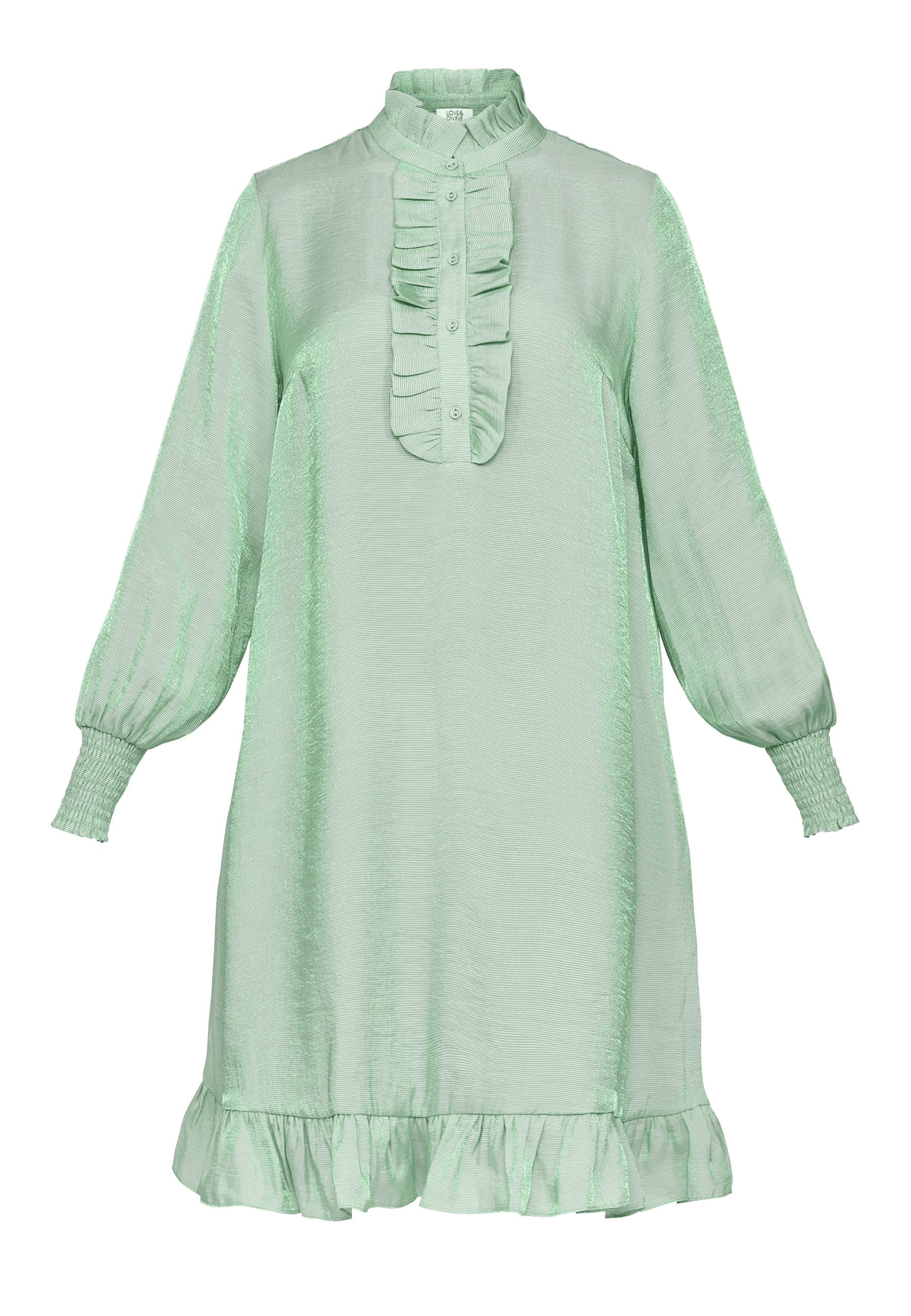 grøn kjole med flæser fra love & divine, forfra