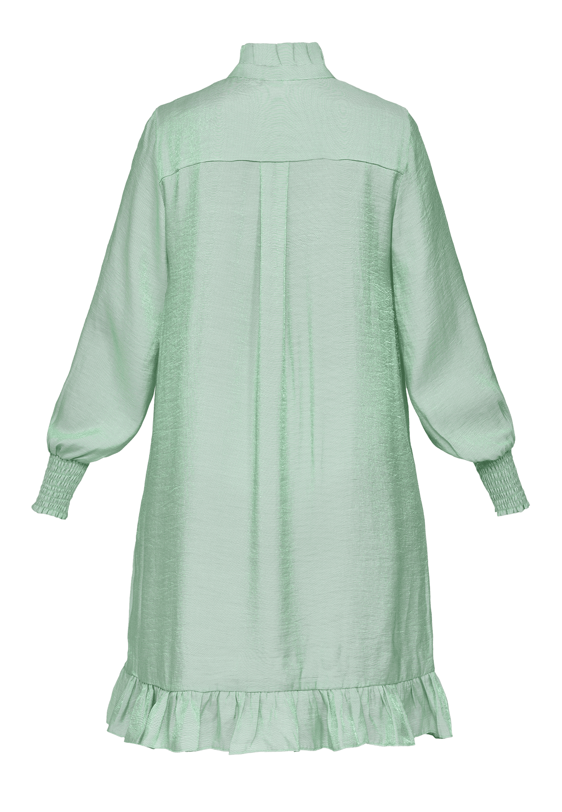 grøn kjole med flæser fra love & divine, bagfra