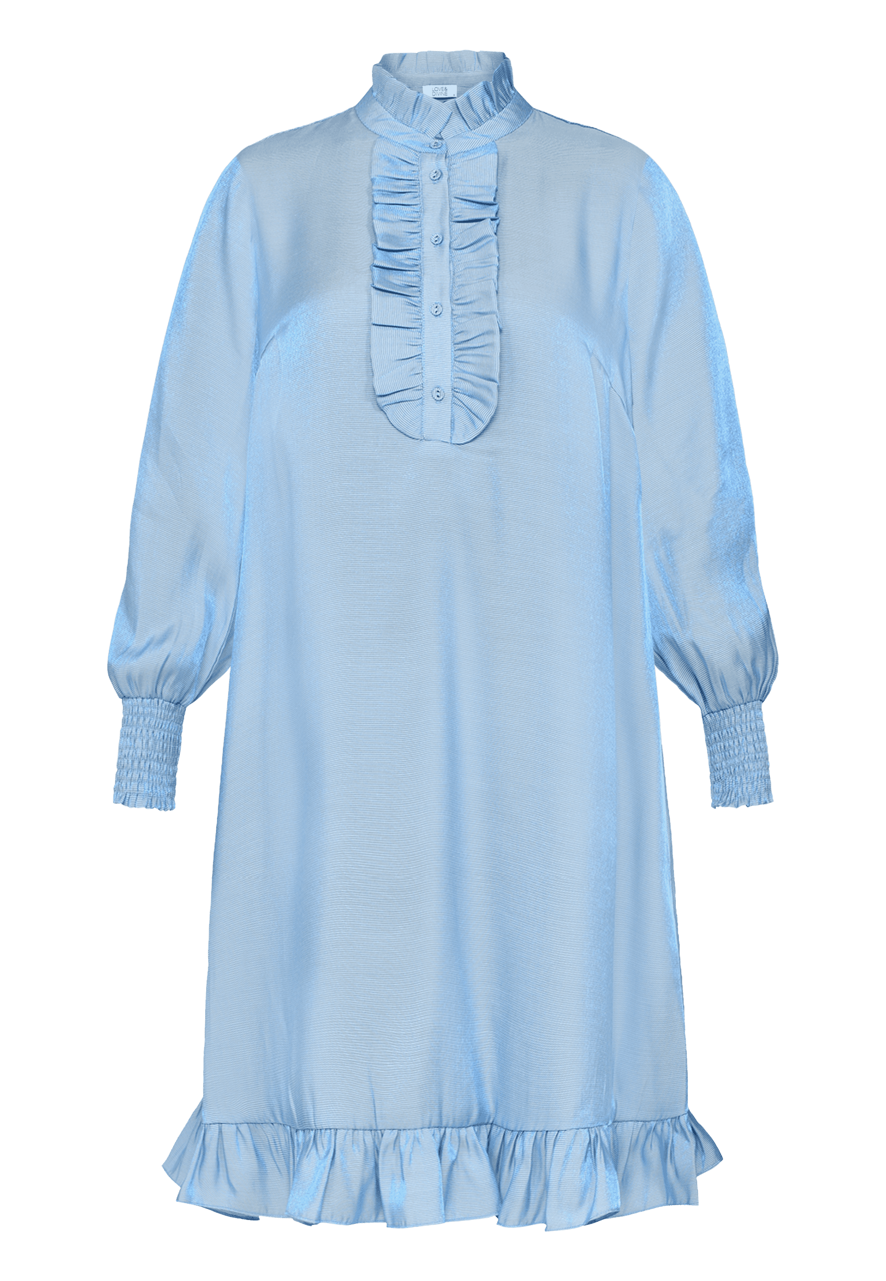 Blå kjole med flæser fra Love & Divine, forfra 