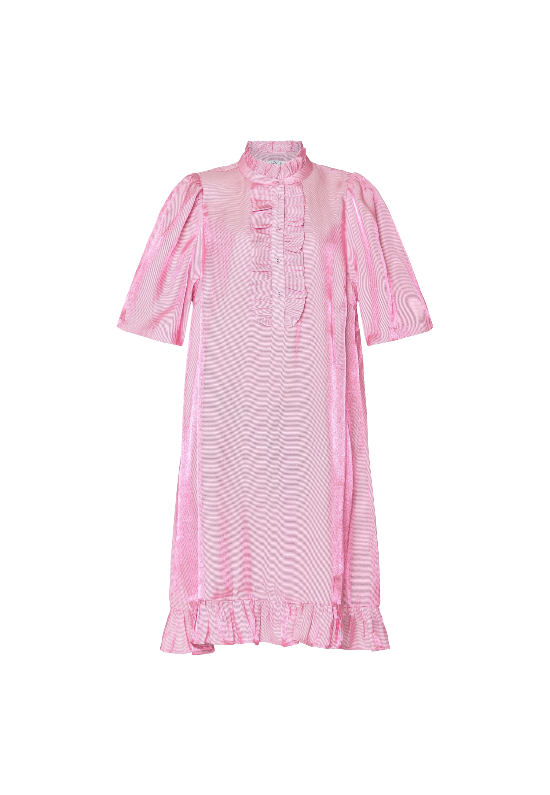 pink knælang kjole med korteærmer fra love & divine, forfra