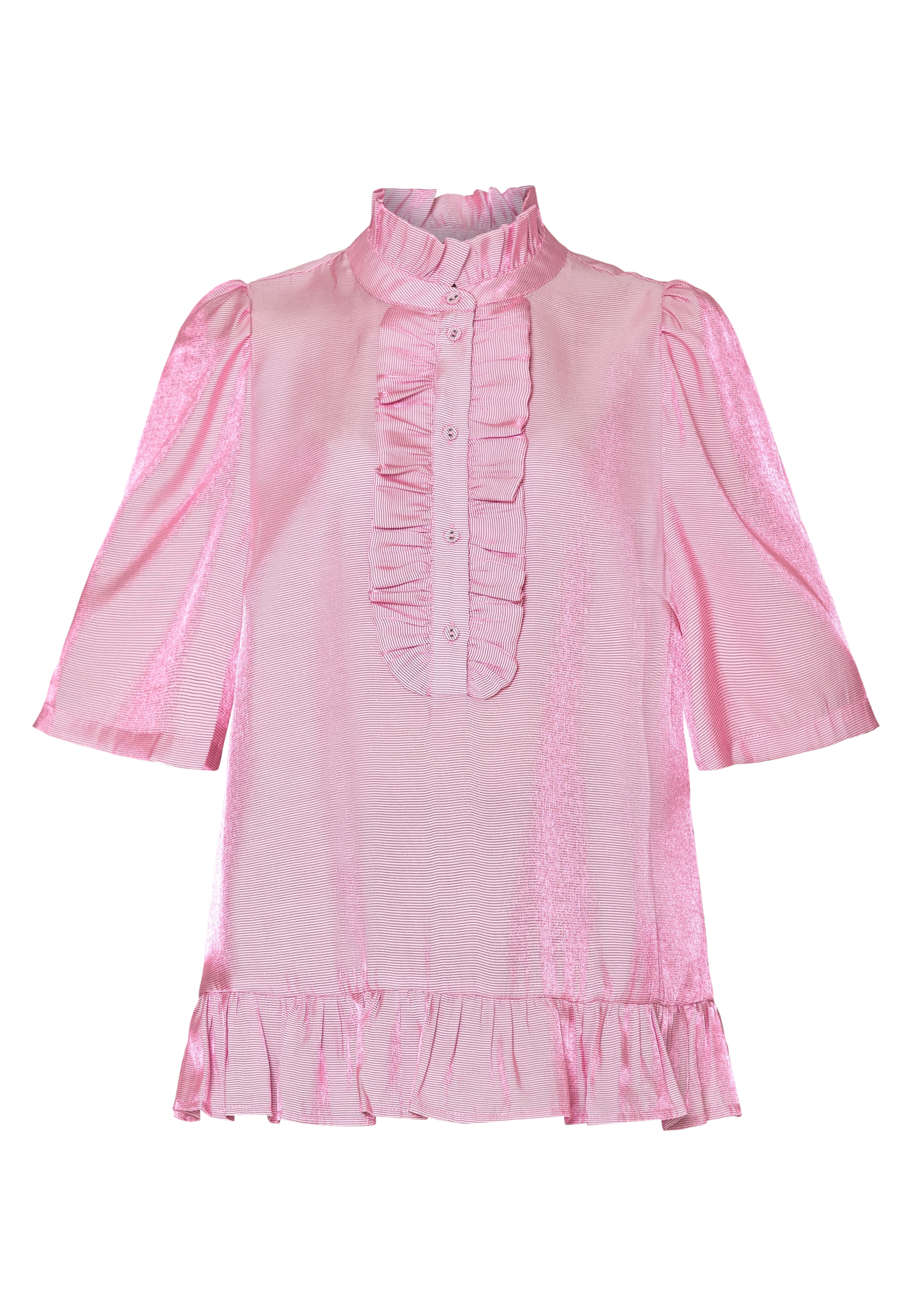 pink bluse med kortærmer og flæsedetaljer fra Love & Divine, forfra