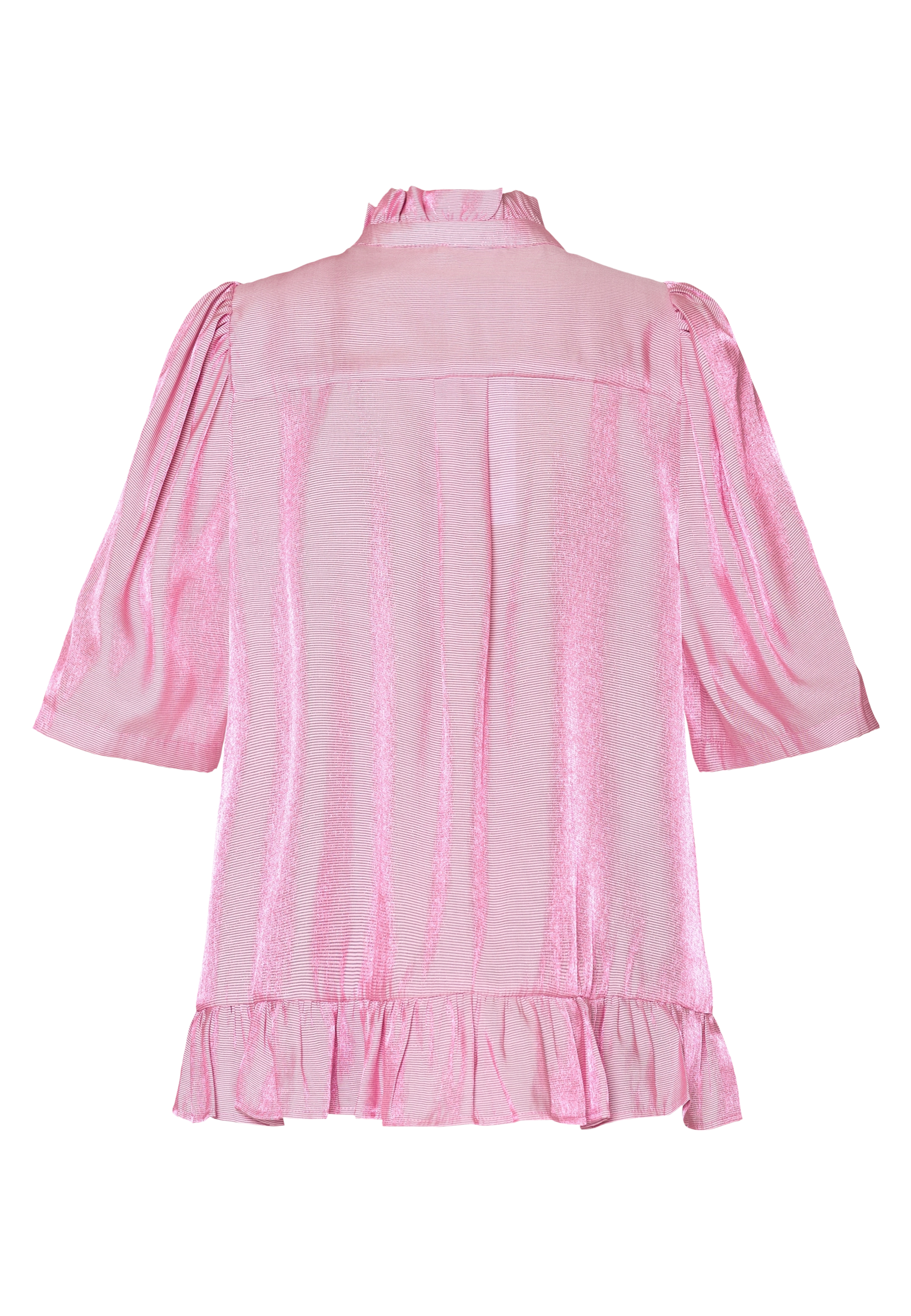 pink bluse med kortærmer og flæsedetaljer fra Love & Divine, bagfra