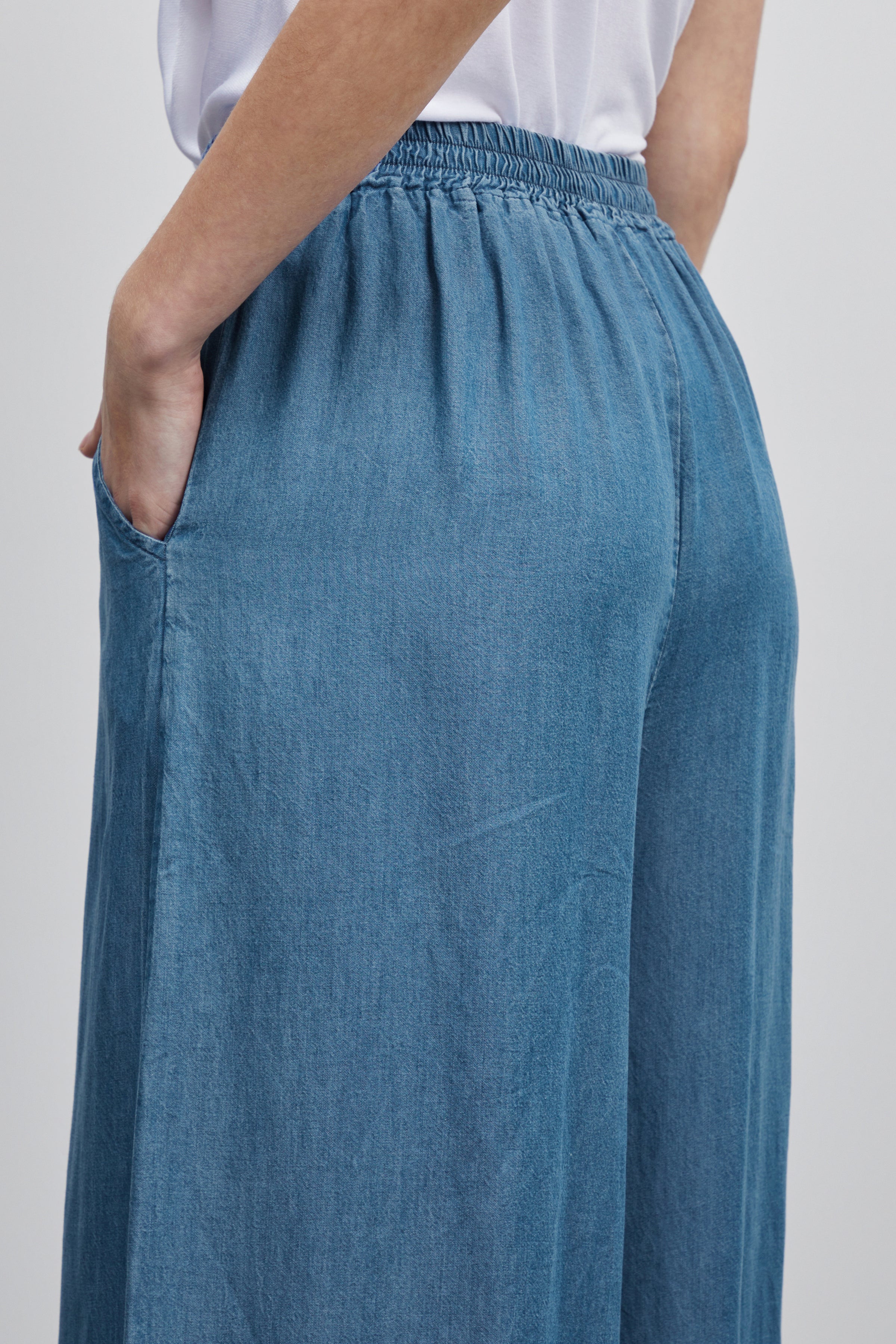 model i Lyseblå bukser med brede ben fra sorbet, bagfra