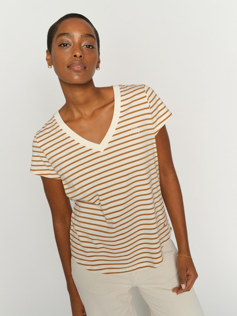 Mos Mosh - MMKala V-SS Stripe Tee, oak