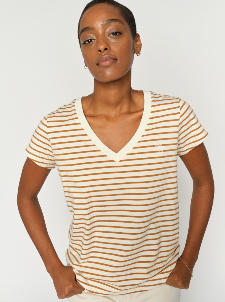 Mos Mosh - MMKala V-SS Stripe Tee, oak