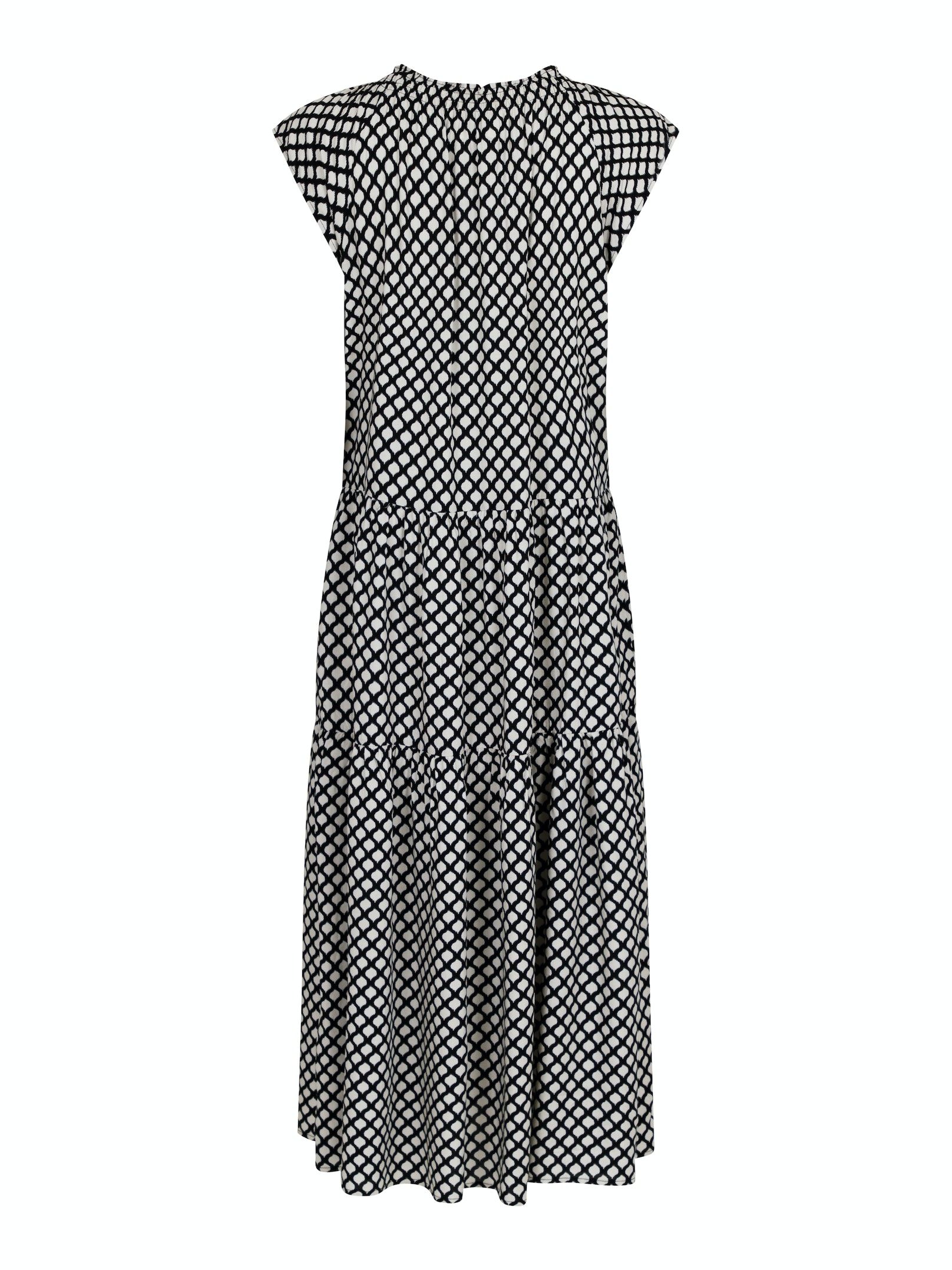 Neo Noir, maxi kjole i sort med grafisk print og korte ærmer, bagfra.